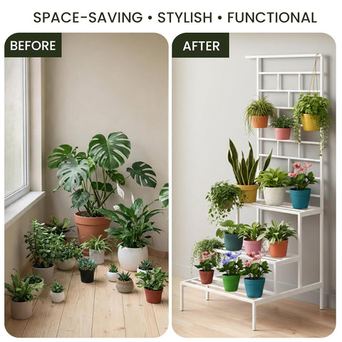4 Tier Metal Plant Stand with Trellis & Hanging Rod | White | Heavy Duty, Rust-Resistant Plant Rack for Indoor Living Room & Outdoor Balcony