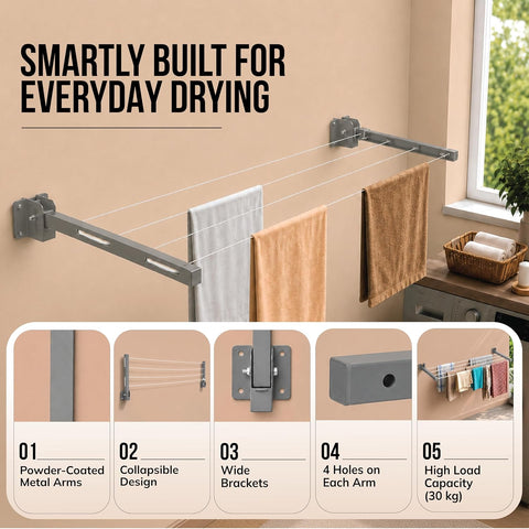 Wall Mounted Clothes Drying Stand | Heavy-Duty Foldable Powder Coated Metal Arms Cloth Dryer Rack | Space Saving Laundry Hanger for Balcony, Bathroom, Terrace