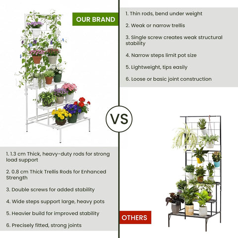 4 Tier Metal Plant Stand with Trellis & Hanging Rod | White | Heavy Duty, Rust-Resistant Plant Rack for Indoor Living Room & Outdoor Balcony
