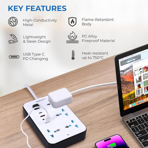 Robustt 4‑Outlet Extension Board with 3 USB & 1 Fast Charging Type-C Port | 1.7 m Cable | Wall Mountable Extension Board with On/Off Switch | 2500W Multi Plug Extension Cord for Home & Office