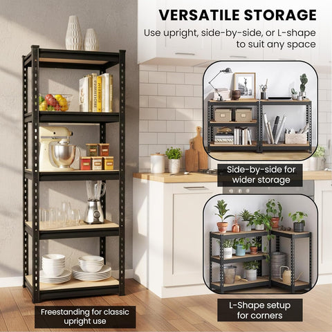 5-Tier Multipurpose Storage Rack | Bolt-Free Assembly | Metal Stand With Thick MDF Board | 175kg Capacity Per Shelf | 63 x 16 x 16 IN Adjustable Shelf Rack for Home, Garage & Shop | Black