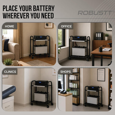 2-Tier Metal UPS Inverter Trolley for Home | Heavy-Duty Inverter Battery Stand | 100 kg Load Capacity | Powder-Coated Rust-Resistant Frame | 5 Metal 360° Swivel Wheels | Black