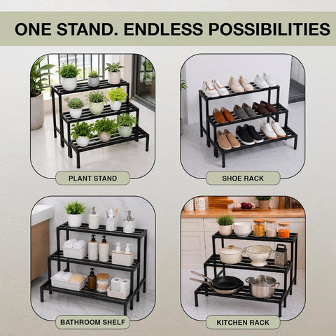 Robustt Set of 3 Metal Balcony Plant Stands for Outdoor Plants Big Size | Rustproof Matte Powder-Coated Garden Stands for Pots | Adjustable Feet | Garden Stands for Pots in Balcony & Terrace