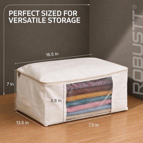 Robustt Cotton Canvas Storage Bag with Zip (Pack of 3) | Large Cloth Storage Bag for Sarees & Bedding | Wardrobe Organizer Storage Bag for Clothes | Reusable Storage Bags for Home Organization