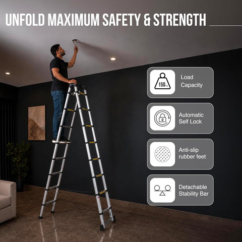 A-Type Telescopic Ladder | EN131 Certified | Heavy-Duty Portable & Compact Folding | Safety Lock Mechanism for Home & Outdoor Use | 2 Years Warranty