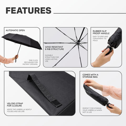 Wind Resistant Waterproof Umbrella - Black | Auto Open & Close Mechanism | Lightweight & Compact | Heavy Duty | Travel- Friendly