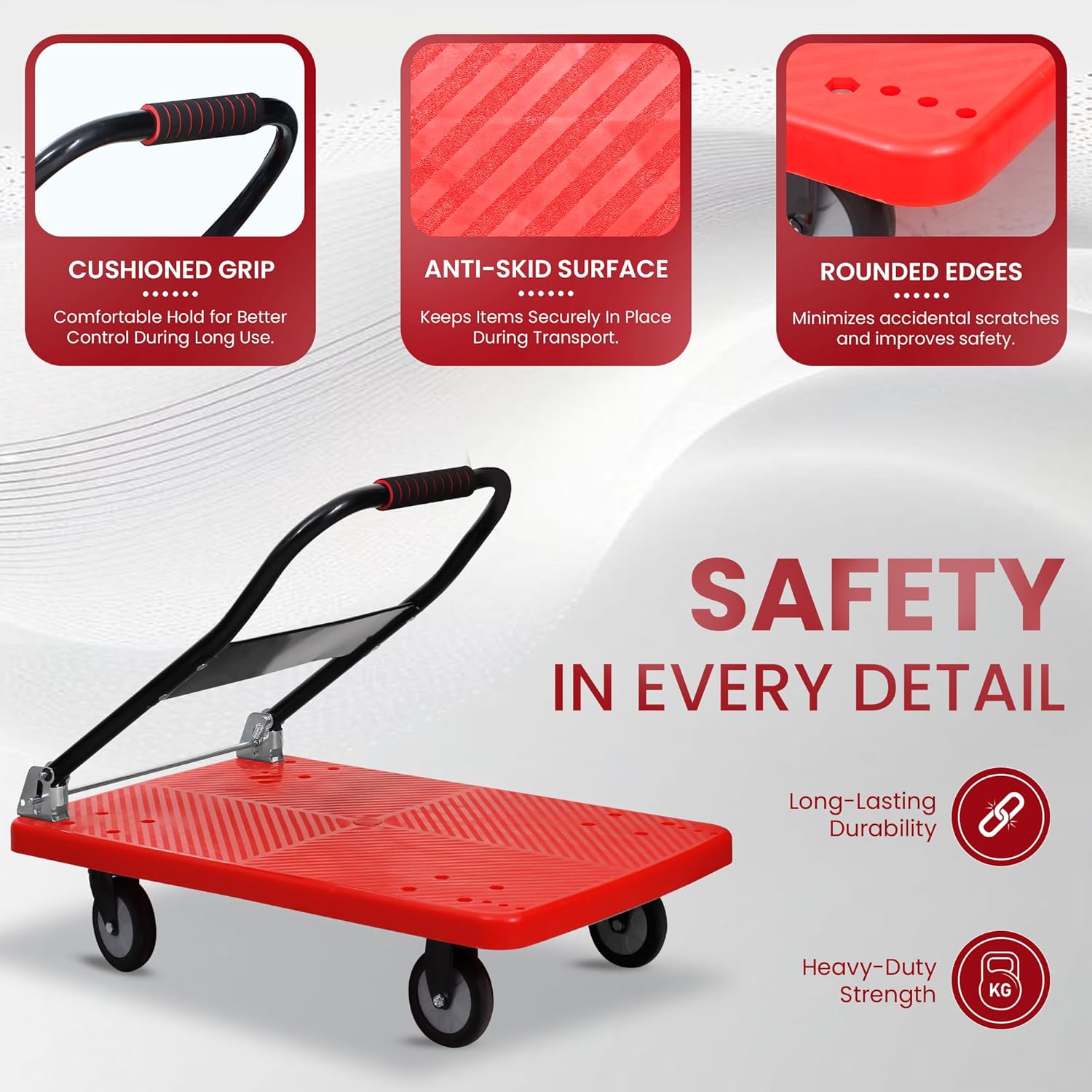 Heavy-Duty Foldable Platform Trolley with anti skid surface, cushioned grip, & rounded edges