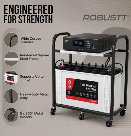 2-Tier Metal UPS Inverter Trolley for Home | Heavy-Duty Inverter Battery Stand | 100 kg Load Capacity | Powder-Coated Rust-Resistant Frame | 5 Metal 360° Swivel Wheels | Black