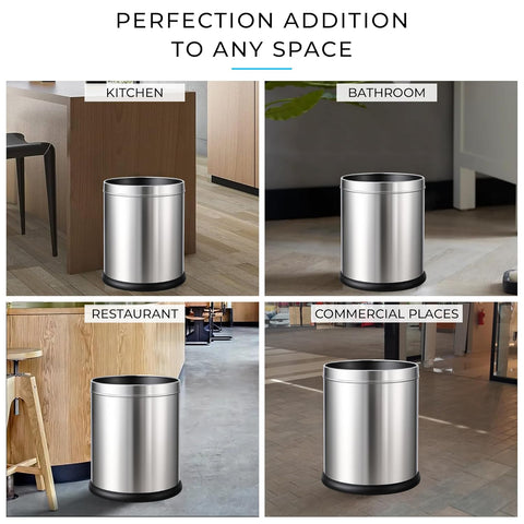 Stainless Steel Open Top Dustbin | Silver Trash Can with Anti-skid Base | For Bathroom, Bedroom, Kitchen & Toilet or Commericial Use