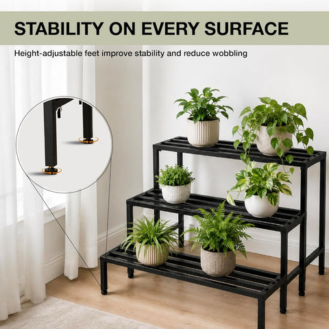 Robustt Set of 3 Metal Balcony Plant Stands for Outdoor Plants Big Size | Rustproof Matte Powder-Coated Garden Stands for Pots | Adjustable Feet | Garden Stands for Pots in Balcony & Terrace