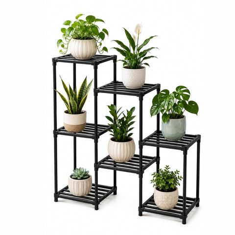 7 Tier Metal Plant Stand | Heavy-Duty Vertical Plant Rack | Powder-Coated Iron | Supports Up to 150 kg | Rust-Resistant Plant Stand for Indoor Living Room, Outdoor Balcony, Garden & Terrace | Black / White