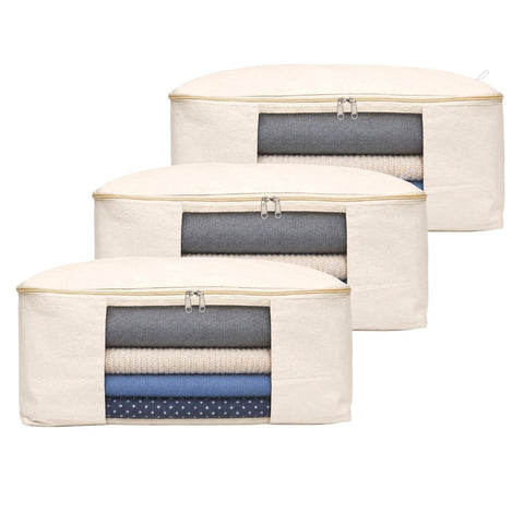 Robustt Cotton Canvas Storage Bag with Zip (Pack of 3) | Large Cloth Storage Bag for Sarees & Bedding | Wardrobe Organizer Storage Bag for Clothes | Reusable Storage Bags for Home Organization