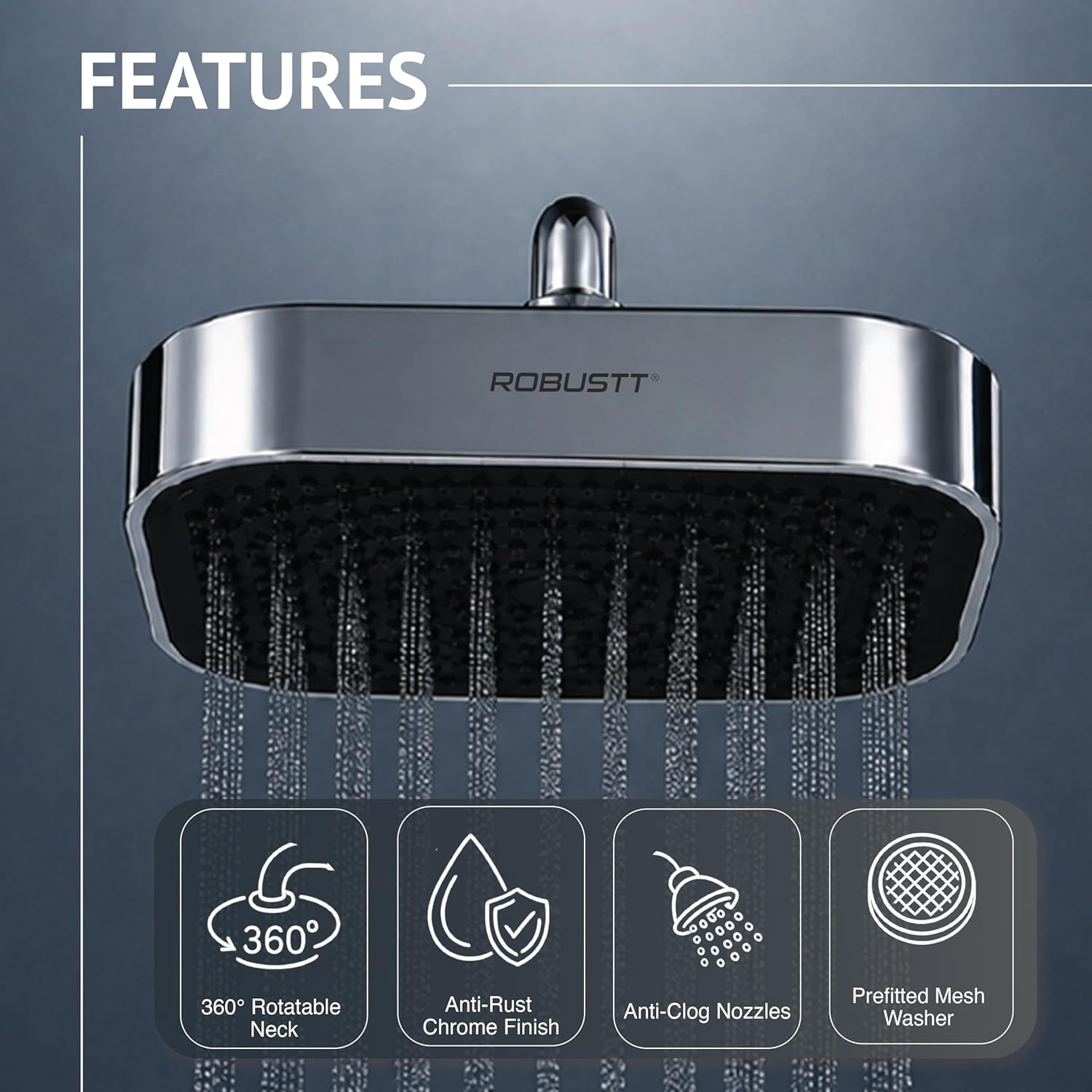 Features of Robustt 6 inch shower head with rotatable neck