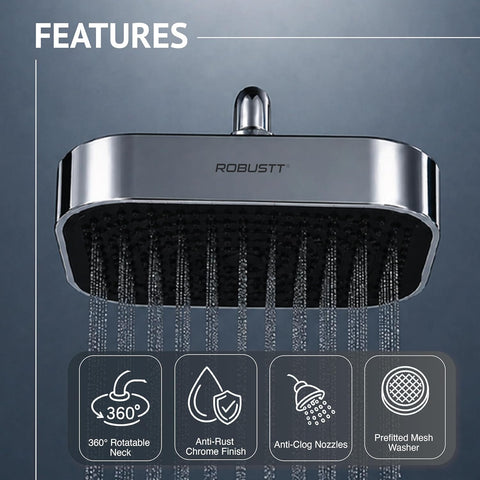 Features of Robustt 6 inch shower head with rotatable neck