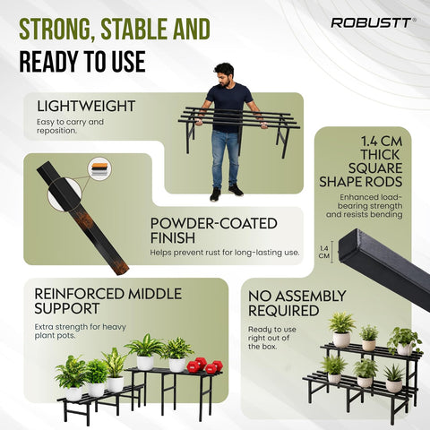 2 Tier Metal Plant Stand | Heavy-Duty Plant Rack with Powder-Coated Metal Frame | Stable 6-Leg Design | Supports Up to 300 kg | Convertible Plant Stand for Balcony, Garden & Office