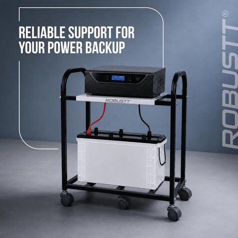 2-Tier Metal UPS Inverter Trolley for Home | Heavy-Duty Inverter Battery Stand | 100 kg Load Capacity | 5 Plastic 360° Swivel Wheels | Black