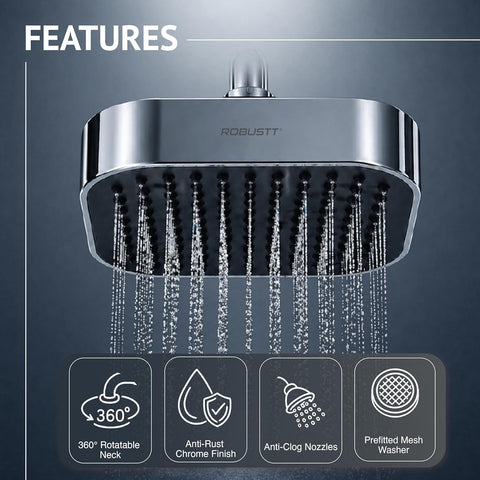 4 Inch Single Flow Overhead Shower Head for Bathroom (Without Shower Arm) | 360° Rotatable Neck | Anti-Rust Chrome Finish Abs Body | Anti-Clog Easy Clean Silicone Nozzles Bath Shower