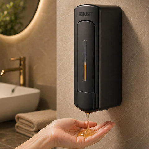 Manual Wall Mounted Liquid Soap Dispenser - Black (350 ml) Leak-Proof, Transparent Window, Easy Installation - Ideal for Bathroom, Kitchen, Hotels, Offices