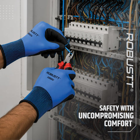 Close-up of hands in blue Robustt 1000V gloves using pliers