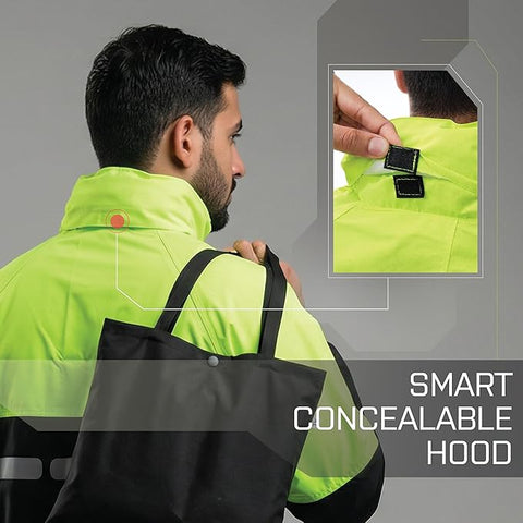Raincoat jacket with concealable hood