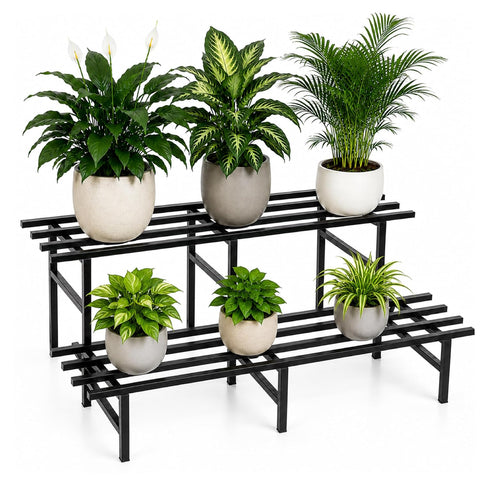 2 Tier Metal Plant Stand | Heavy-Duty Plant Rack with Powder-Coated Metal Frame | Stable 6-Leg Design | Supports Up to 300 kg | Convertible Plant Stand for Balcony, Garden & Office