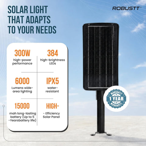 Solar LED Light 300W for Outdoor Use | PIR Motion Sensor & Remote Control | 6000 Lumens | 6500K Cool White