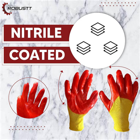 Robustt Nylon Nitrile Half Coated (Back Also) Industrial Safety Hand Gloves Anti-Cut, Cut Resistant, Heat Resistant, Industrial Use, for Finger and Hand Protection