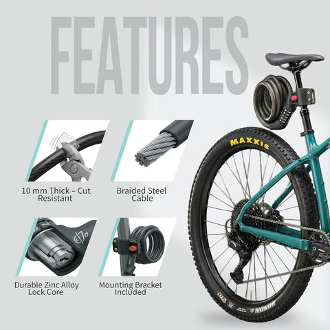 5 Digit Resettable Combination Lock with Mounting Bracket | 1.2m Long, 10mm Thick Cut-Resistant Braided Steel with PVC Coating | Keyless Number Lock for Cycle, Bike, Helmet & Gate