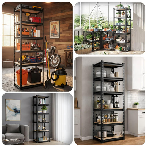 6-Tier Multipurpose Storage Rack | Bolt-Free Assembly | Metal Stand With Thick MDF Board | 175kg Capacity Per Shelf | 72x16x16 Inch Adjustable Shelf Rack for Home, Garage & Shop | Black