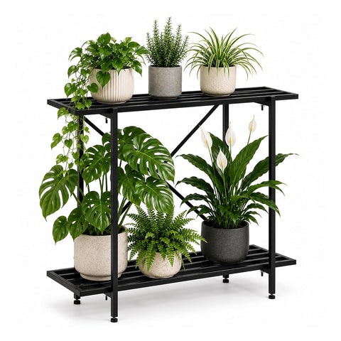 2-Tier Metal Plant Stand | 35x10 Inch | 100kg Capacity | Heavy Duty Garden Stand for Pots with X-Shaped Support | Rustproof Coating, Adjustable Feet | Indoor & Outdoor Balcony Garden Display