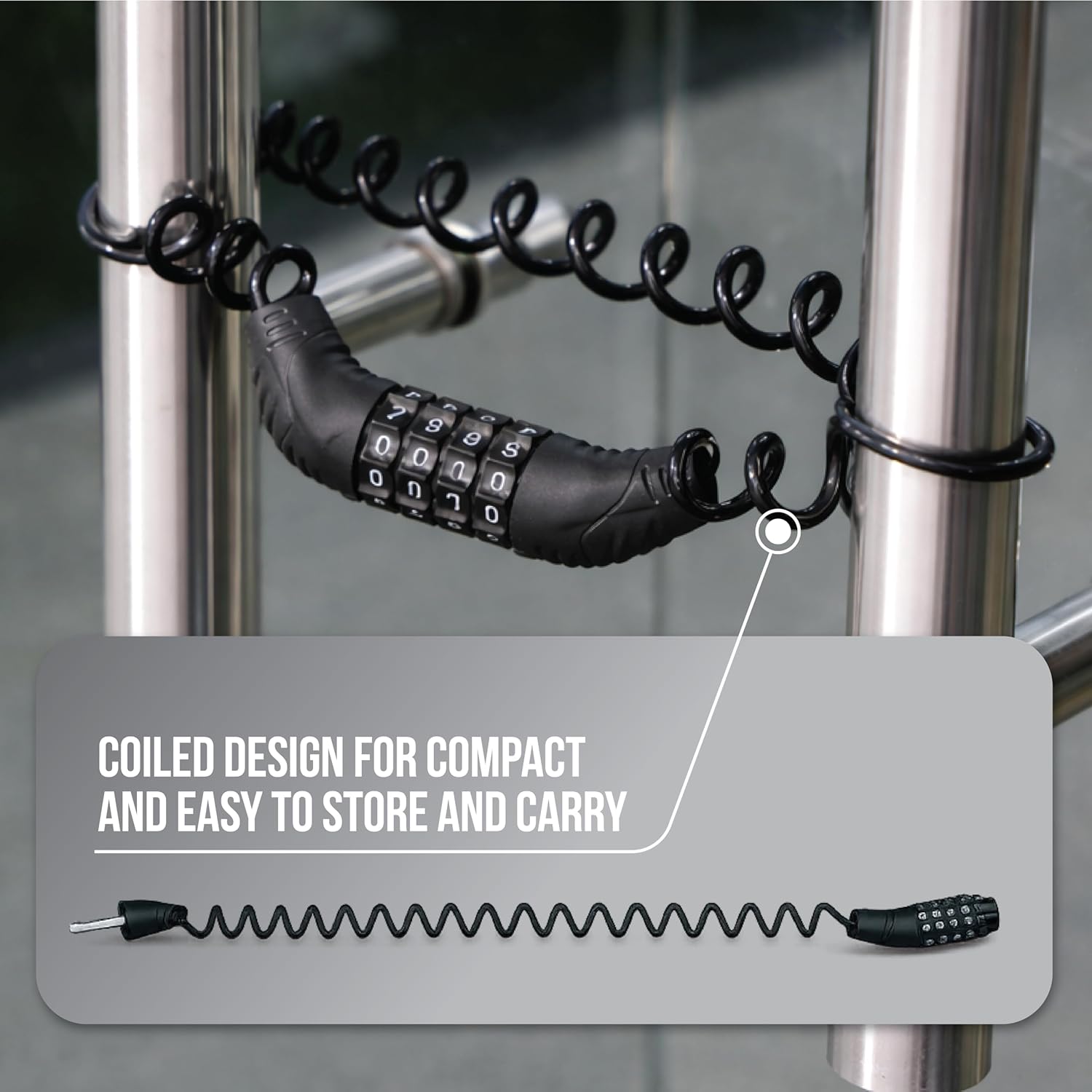 4-Digit Anti-Theft Cable Lock for Bicycle & Helmet  with Coiled Design for compact and easy to store & carry
