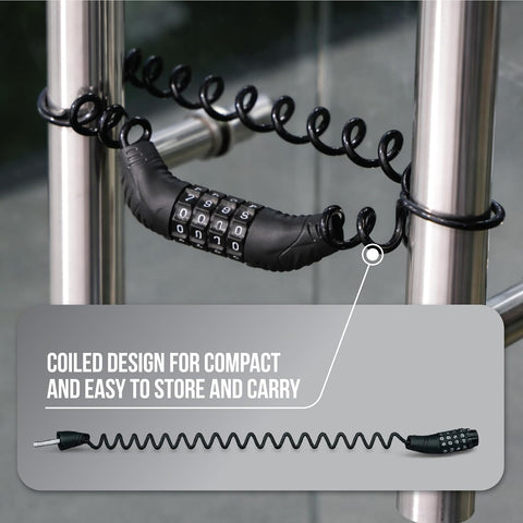 4-Digit Anti-Theft Cable Lock for Bicycle & Helmet  with Coiled Design for compact and easy to store & carry