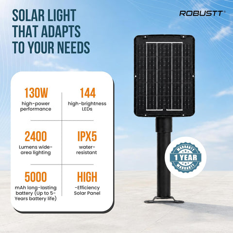 Solar LED Light for Outdoor Use | 130W & 2400 Lumens | IPX5 Water Resistant | PIR Motion Sensor & Remote Control | Solar + USB Type-C Charging