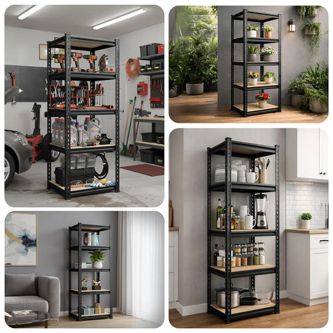 5-Tier Multipurpose Storage Rack | Bolt-Free Assembly | Metal Stand With Thick MDF Board | 175kg Capacity Per Shelf | 63 x 16 x 16 IN Adjustable Shelf Rack for Home, Garage & Shop | Black