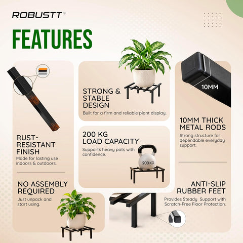 Square Metal Plant Stand | 25.4 × 25 × 13 cm | Supports Upto 200 kg | Flower Pot Stand for Balcony, Garden, Indoor & Outdoor Use | Decorative Planter Stand for Home| Black