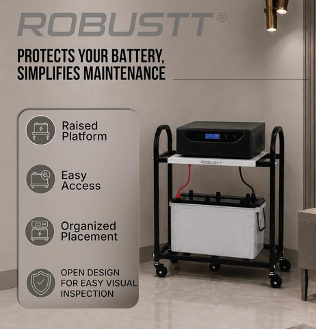 2-Tier Metal UPS Inverter Trolley for Home | Heavy-Duty Inverter Battery Stand | 100 kg Load Capacity | Powder-Coated Rust-Resistant Frame | 5 Metal 360° Swivel Wheels | Black