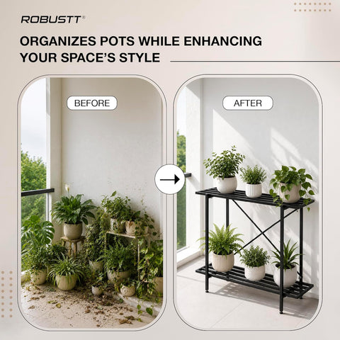 2-Tier Metal Plant Stand | 35x10 Inch | 100kg Capacity | Heavy Duty Garden Stand for Pots with X-Shaped Support | Rustproof Coating, Adjustable Feet | Indoor & Outdoor Balcony Garden Display