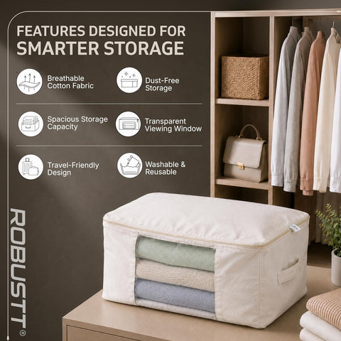 Robustt Cotton Canvas Storage Bag with Zip (Pack of 3) | Large Cloth Storage Bag for Sarees & Bedding | Wardrobe Organizer Storage Bag for Clothes | Reusable Storage Bags for Home Organization