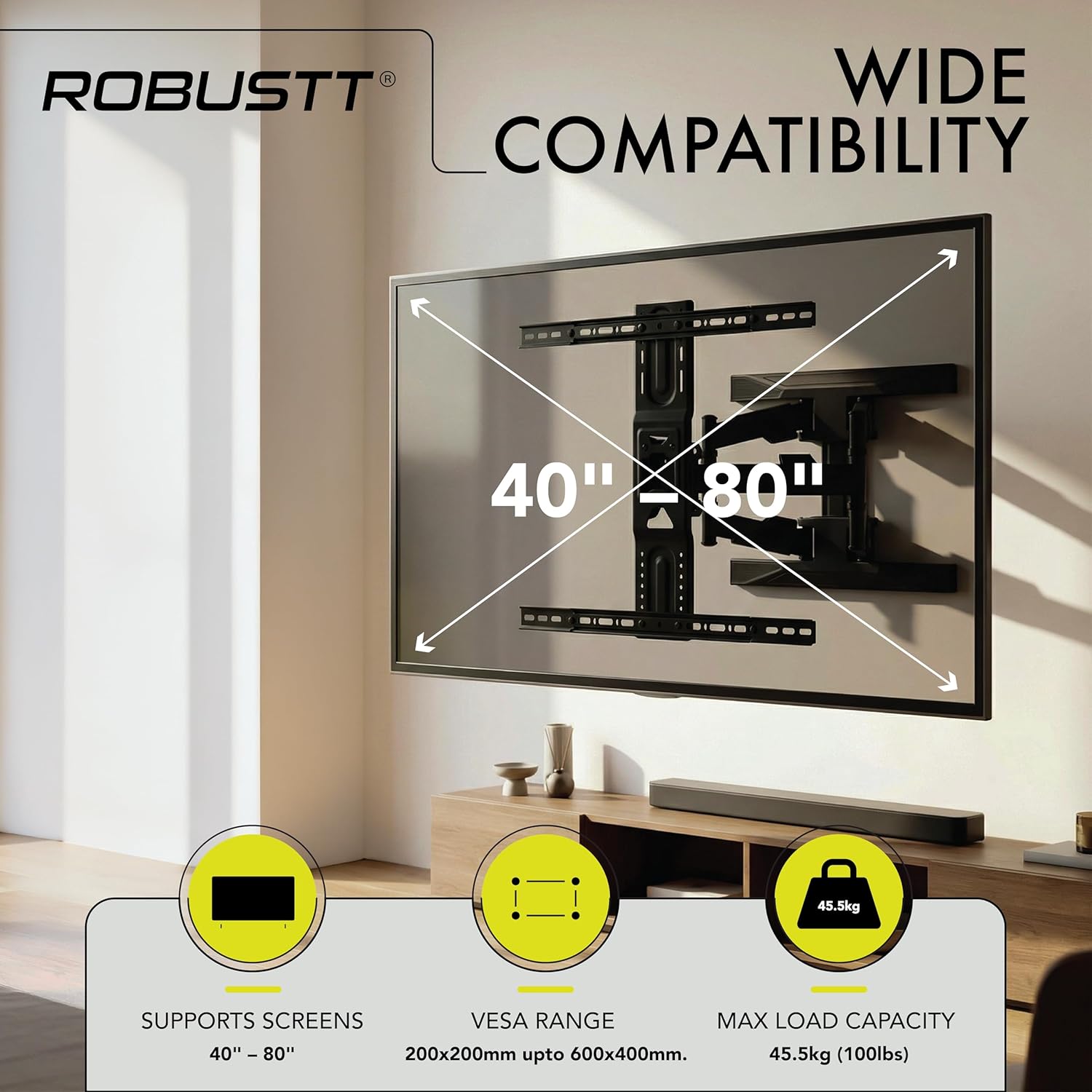 Movable TV Wall Mount for 40" - 80" LED Screens with max load capacity