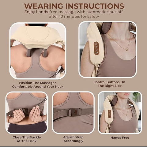 Robustt Neck and Back Massager with Heating Mode, Massager for Body Aches and Pains Relief, Electric Wearable 6D Cervical Neck Massage Machine for Deep Tissue Neck, Back, Waist and Legs - Beige