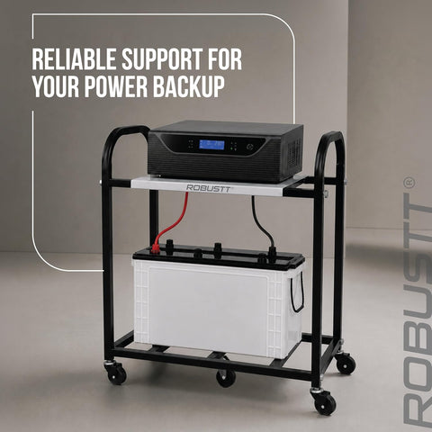 2-Tier Metal UPS Inverter Trolley for Home | Heavy-Duty Inverter Battery Stand | 100 kg Load Capacity | Powder-Coated Rust-Resistant Frame | 5 Metal 360° Swivel Wheels | Black