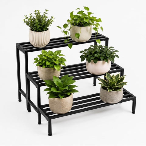 Robustt Set of 3 Metal Balcony Plant Stands for Outdoor Plants Big Size | Rustproof Matte Powder-Coated Garden Stands for Pots | Adjustable Feet | Garden Stands for Pots in Balcony & Terrace