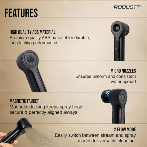 Hand Faucet for Toilet with Magnetic Holder | 2 Flow Modes | Health Faucet Gun Only with One-Touch Button, Built-In Aerator & Anti-Rust ABS | Jet Spray for Toilet Cleaning, Pet & Hair Washing