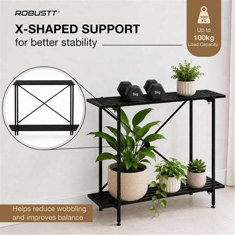 2-Tier Metal Plant Stand | 35x10 Inch | 100kg Capacity | Heavy Duty Garden Stand for Pots with X-Shaped Support | Rustproof Coating, Adjustable Feet | Indoor & Outdoor Balcony Garden Display