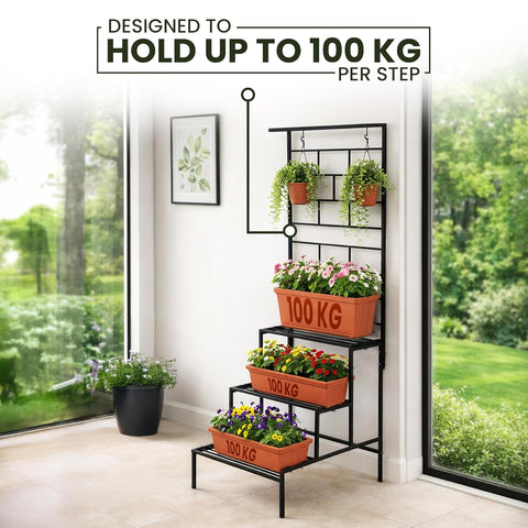 4 Tier Metal Plant Stand with Trellis & Hanging Rod | Black | Heavy Duty, Rust-Resistant Plant Rack for Indoor Living Room & Outdoor Balcony