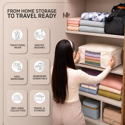 Robustt Cotton Canvas Storage Bag with Zip (Pack of 3) | Large Cloth Storage Bag for Sarees & Bedding | Wardrobe Organizer Storage Bag for Clothes | Reusable Storage Bags for Home Organization