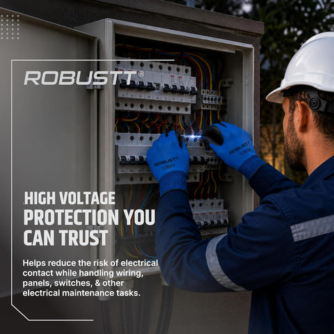 Person using Robustt safety electric glove blue & black color