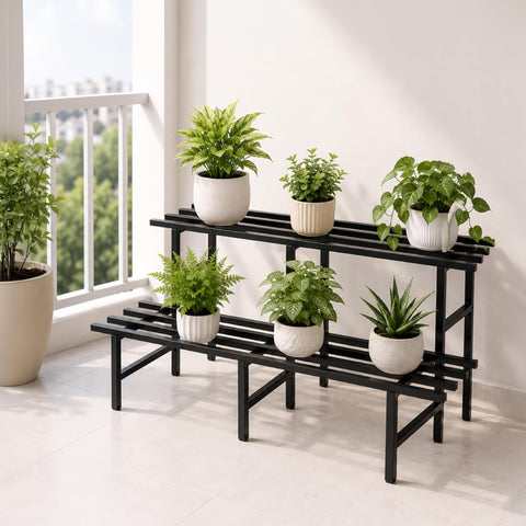 2 Tier Metal Plant Stand | Heavy-Duty Plant Rack with Powder-Coated Metal Frame | Stable 6-Leg Design | Supports Up to 300 kg | Convertible Plant Stand for Balcony, Garden & Office