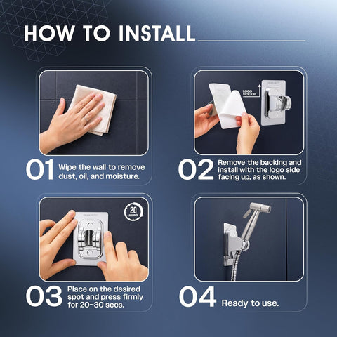 Self Adhesive Jet Spray & Hand Shower Holder For Bathroom (Silver) | Chrome Finish ABS Faucet Holder With 45° Tilt | No Drill Easy To Install Wall Mount | Water Resistant & Durable