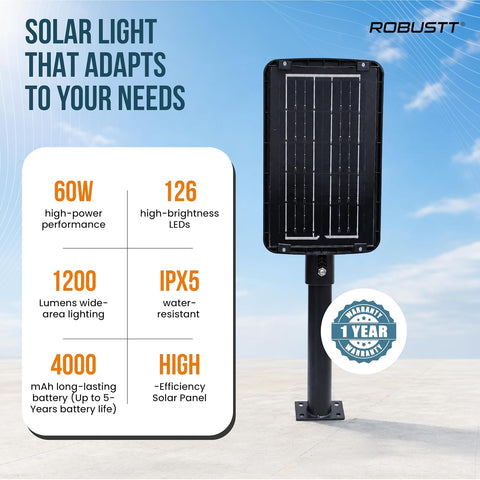 Solar LED Light for Outdoor Use | 60W | 1200 Lumens | IPX5 Water Resistant | PIR Motion Sensor & Remote Control | Cool White Street Light